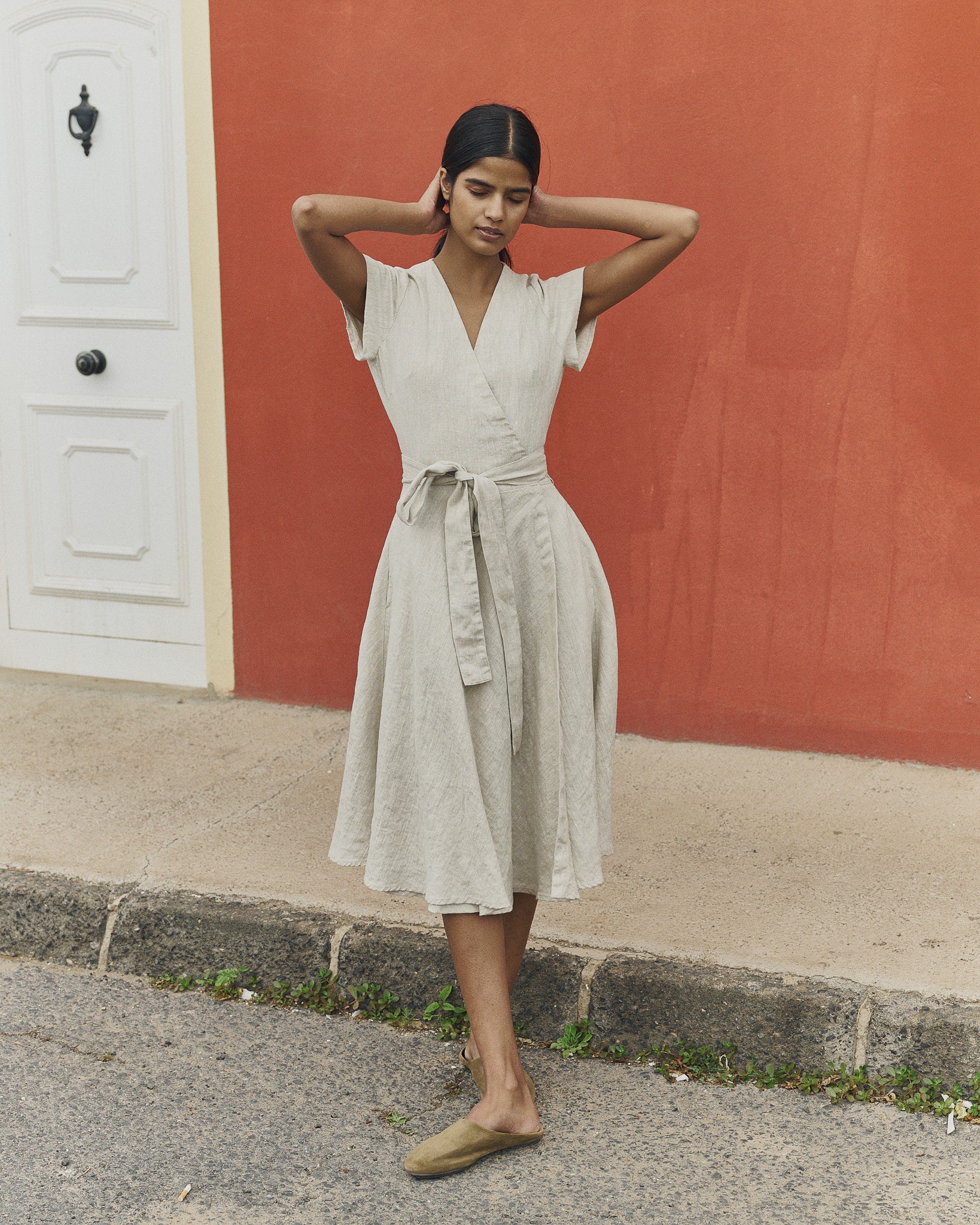 Brown Polka Dot Wrap Linen Dress – CANNES-2 White / XS