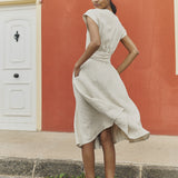 R: CANNES-2 wrap linen dress (Color: Beige; Size: XS)