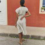 R: CANNES-2 wrap linen dress (Color: Deepest Black; Size: XXL)