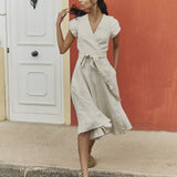 R: CANNES-2 wrap linen dress (Color: Deepest Black; Size: XXL)