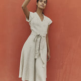 R: CANNES-2 wrap linen dress (Color: Deepest Black; Size: XXL)