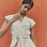 R: CANNES-2 wrap linen dress (Color: Deepest Black; Size: XXL)