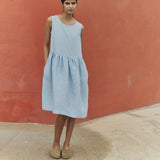 R: Midi SMOCK loose linen dress (Color: Blue July; Size: M - MIDI length)