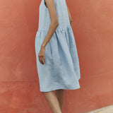 R: Midi SMOCK loose linen dress (Color: Blue July; Size: M - MIDI length)