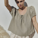 R: MILOS puff sleeve linen blouse (Color: Cobalt Blue; Size: M/L)