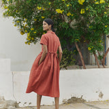 R: MAPLE-2 linen dress (Color: Chambray Bloom; Size: M/L - MIDI Length)