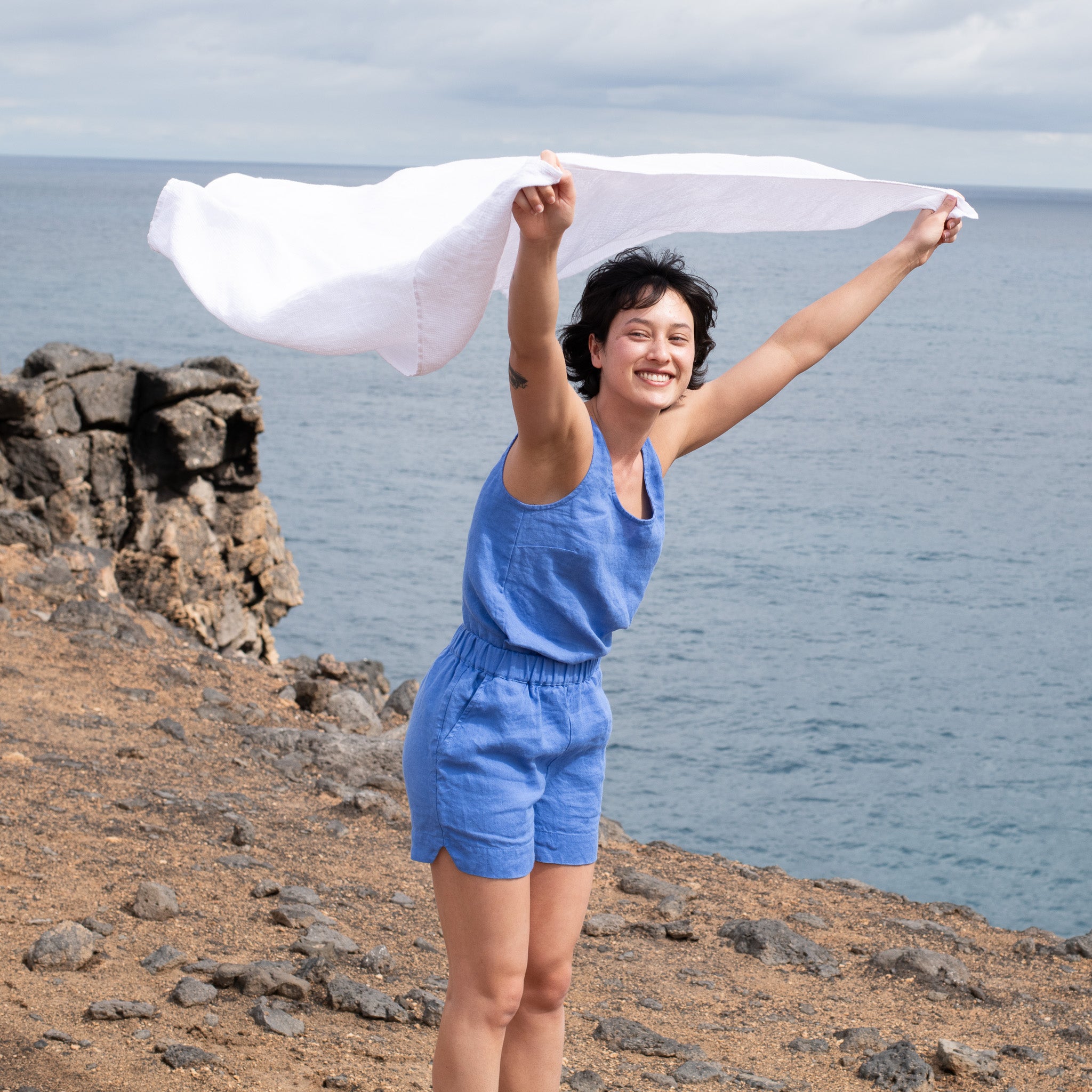 Linen Waffle Towel in White