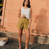 R: SOLLER linen shorts (Color: Loden Green; Size: XS)