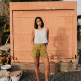 R: SOLLER linen shorts (Color: Loden Green; Size: XS)