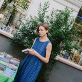 customized: Maxi SMOCK loose linen dress (Color: Raspberry Grid; Size: L - MAXI length)