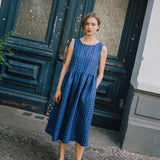 customized: Maxi SMOCK loose linen dress (Color: Raspberry Grid; Size: L - MAXI length)