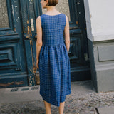 R: Maxi SMOCK loose linen dress (Color: Blue Checks; Size: M/L - MAXI length)