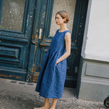 R: Maxi SMOCK loose linen dress (Color: Blue Checks; Size: M/L - MAXI length)