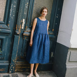 R: Maxi SMOCK loose linen dress (Color: Blue Checks; Size: M/L - MAXI length)