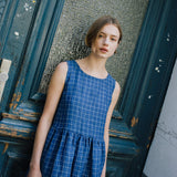 R: Maxi SMOCK loose linen dress (Color: Blue Checks; Size: M/L - MAXI length)