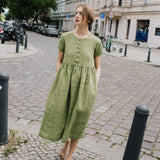 R: Maxi MAMA-2 short sleeve linen dress (Color: Chambray Bloom; Size: M - MAXI length)