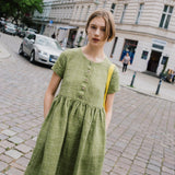 R: Maxi MAMA-2 short sleeve linen dress (Color: Chambray Bloom; Size: M - MAXI length)
