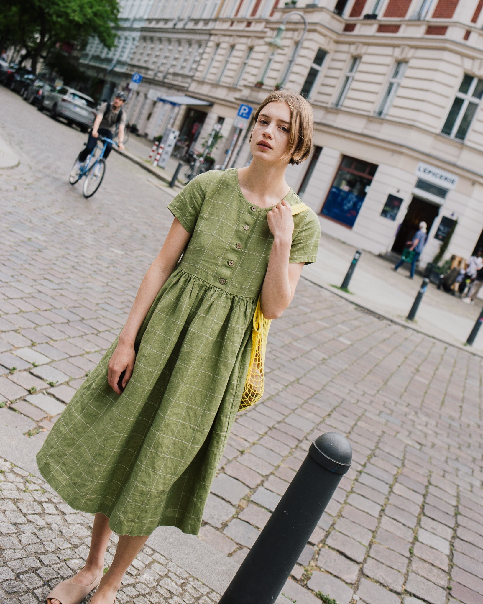 Gingham Linen Maxi Dress – MAMA-2 Short Sleeve (Green