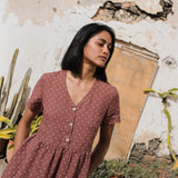 CU: Customized SYMI V-neck linen dress (Size: L; Color: Forest Green)