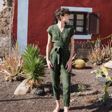 R: MARGARET wrap linen jumpsuit (Size: XS; Color: Natural/Grey Stripes)