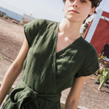 R: MARGARET wrap linen jumpsuit (Size: XS; Color: Natural/Grey Stripes)