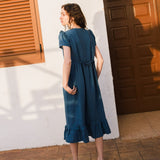 R: MARQUETTE ruffle linen dress (Size: S/M; Color: Indigo)