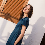 R: MARQUETTE ruffle linen dress (Size: S/M; Color: Indigo)