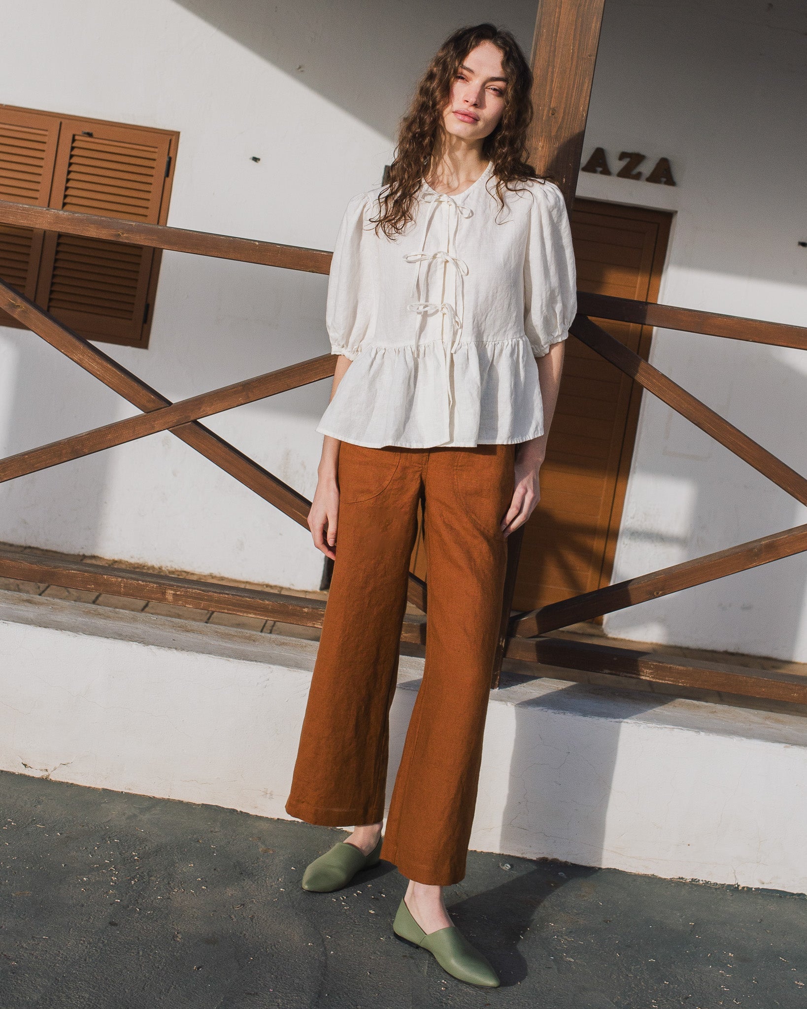 MELINA bow tie linen blouse - notperfectlinen