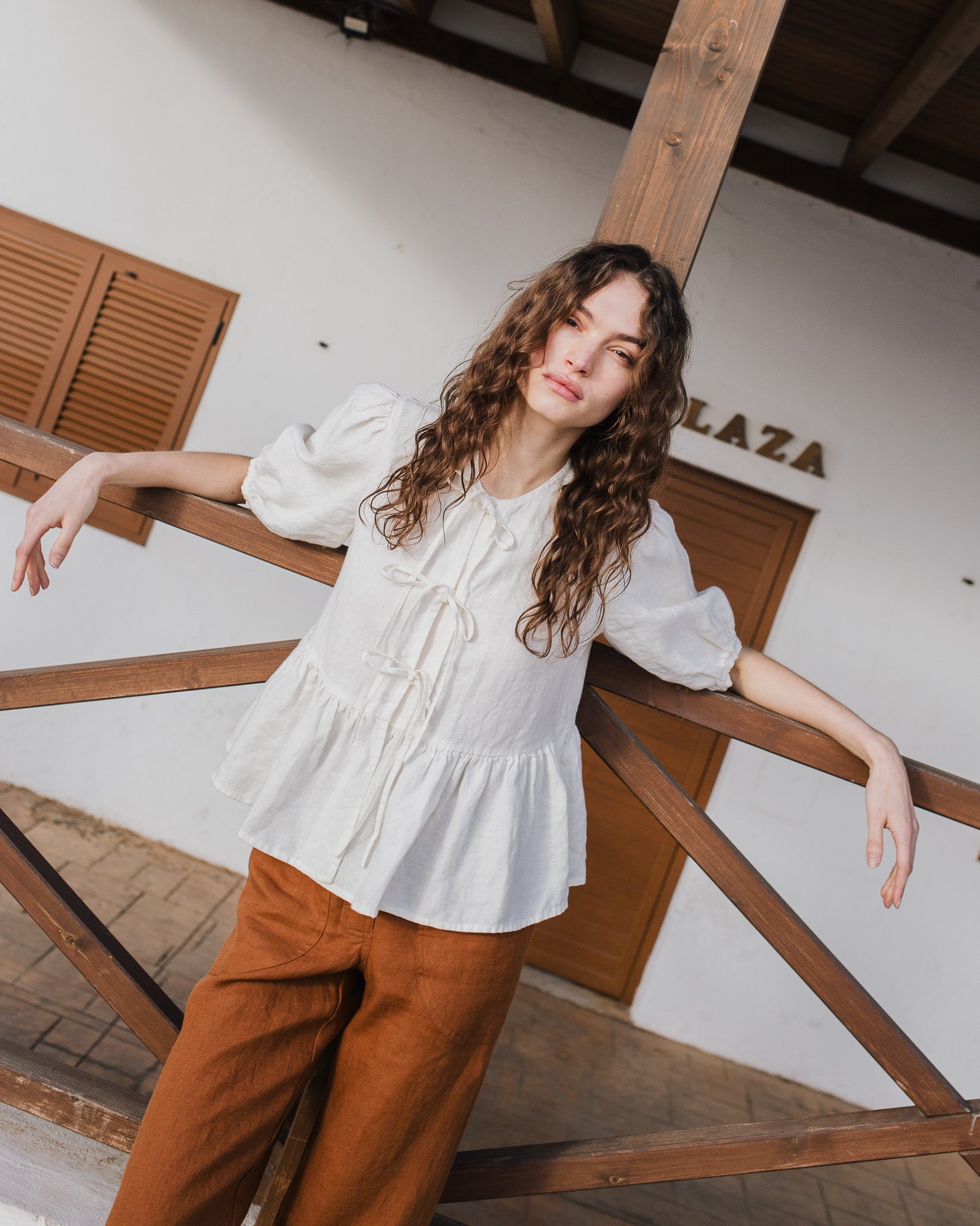 MELINA bow tie linen blouse - notperfectlinen