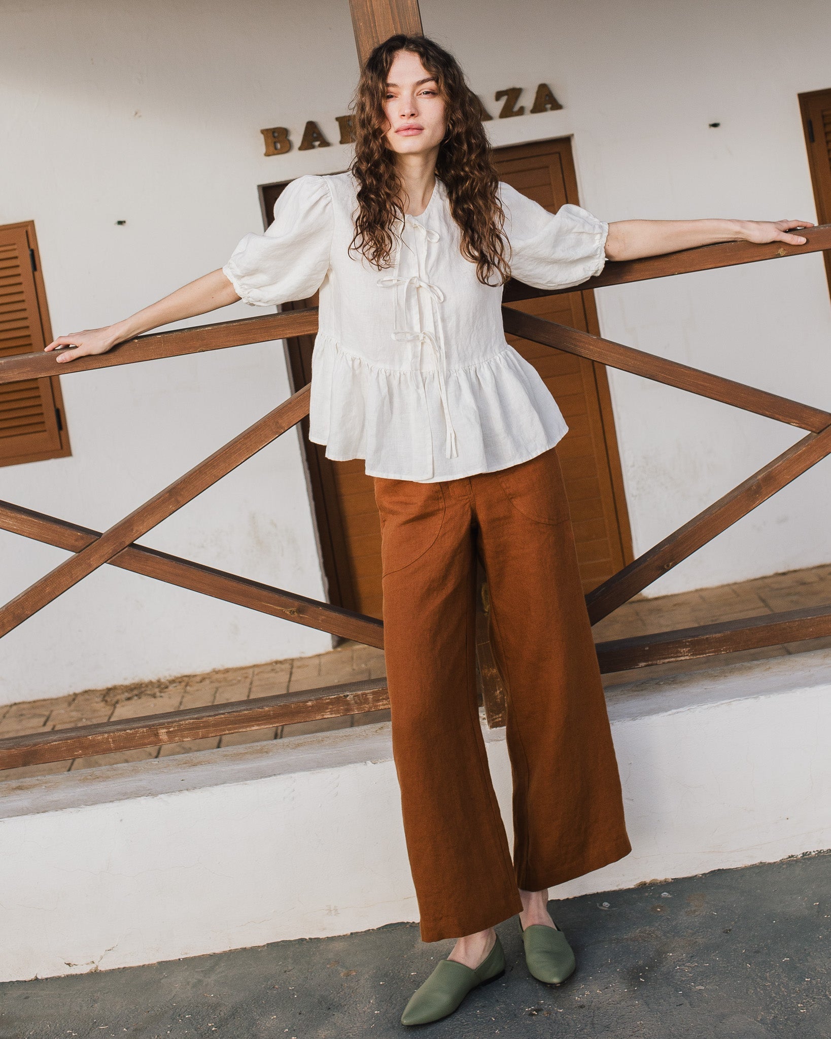 MELINA bow tie linen blouse - notperfectlinen
