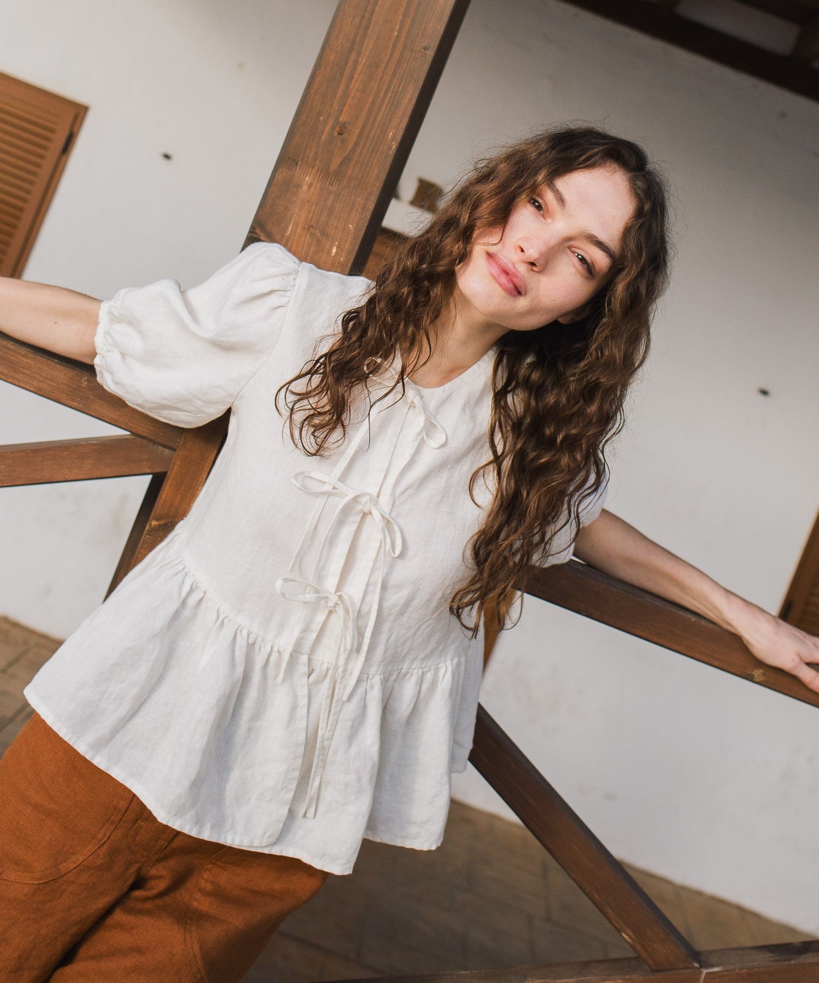 MELINA bow tie linen blouse - notperfectlinen