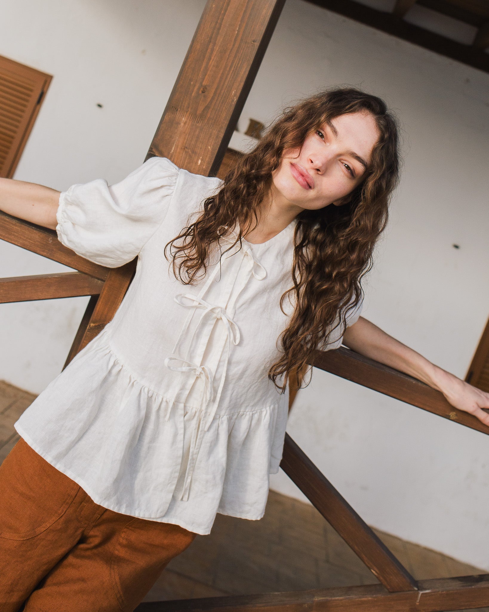 MELINA bow tie linen blouse - notperfectlinen