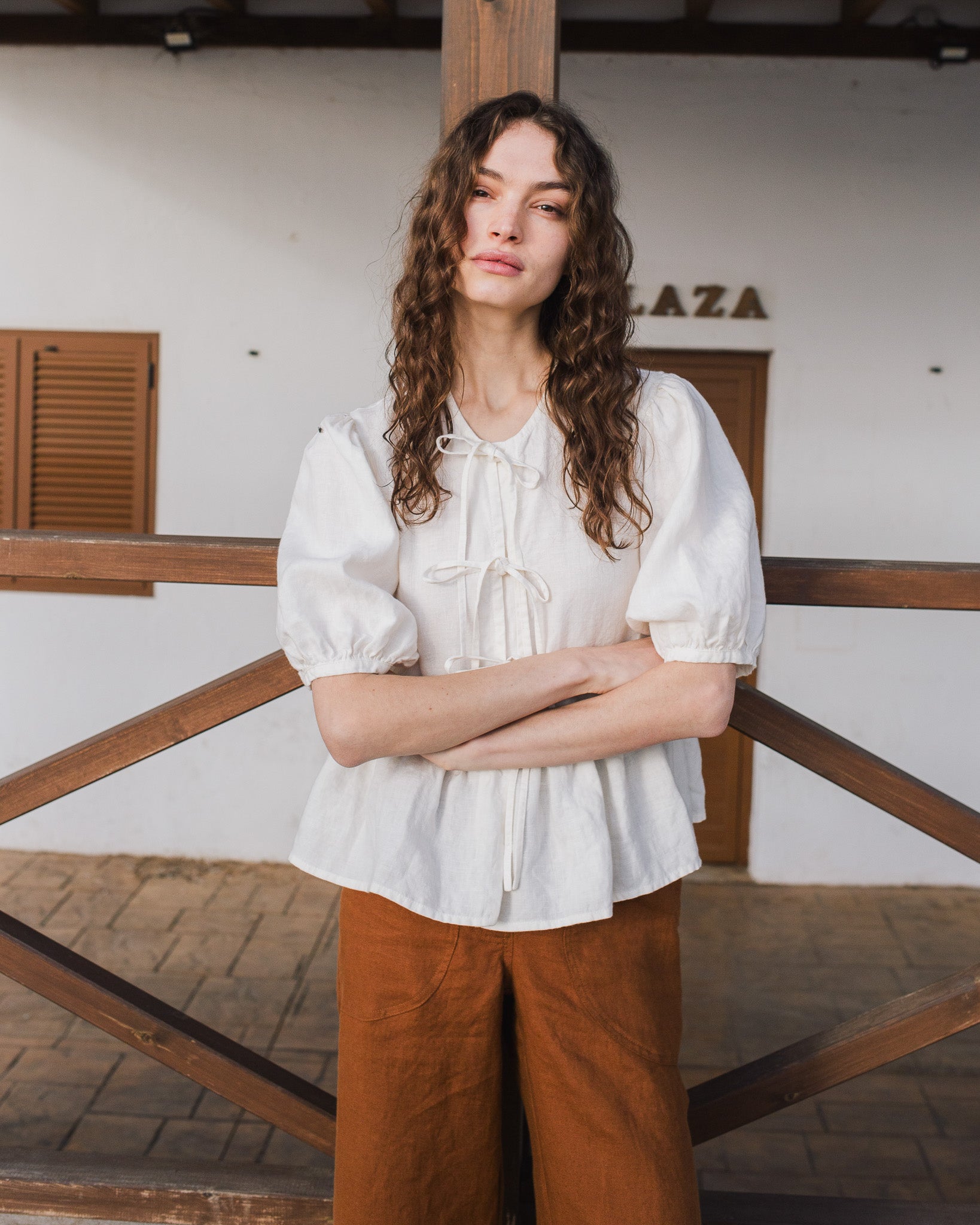 MELINA bow tie linen blouse - notperfectlinen