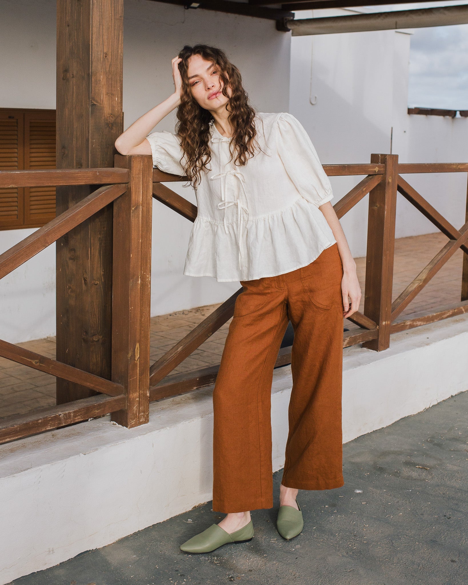 MELINA bow tie linen blouse - notperfectlinen