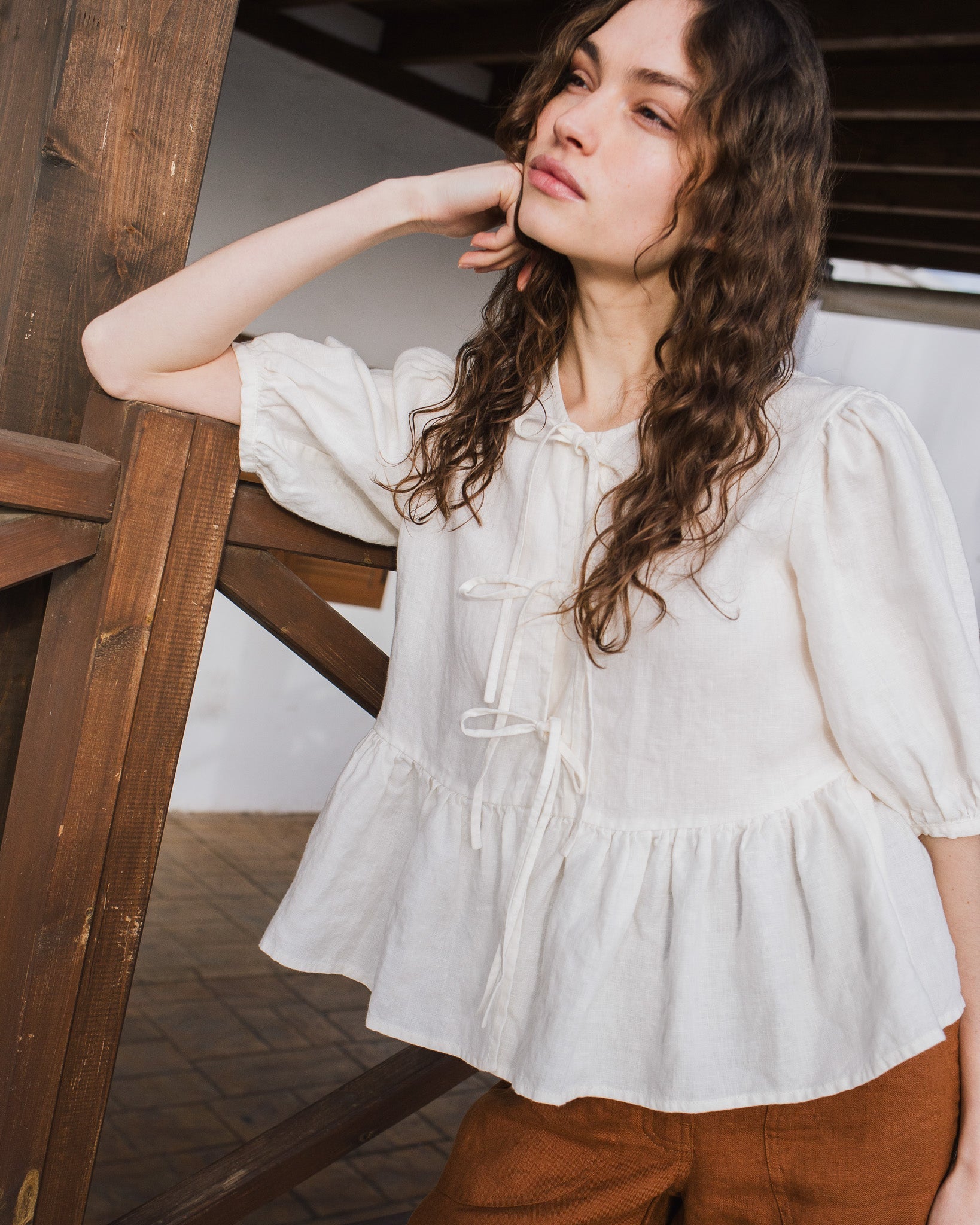 MELINA bow tie linen blouse - notperfectlinen