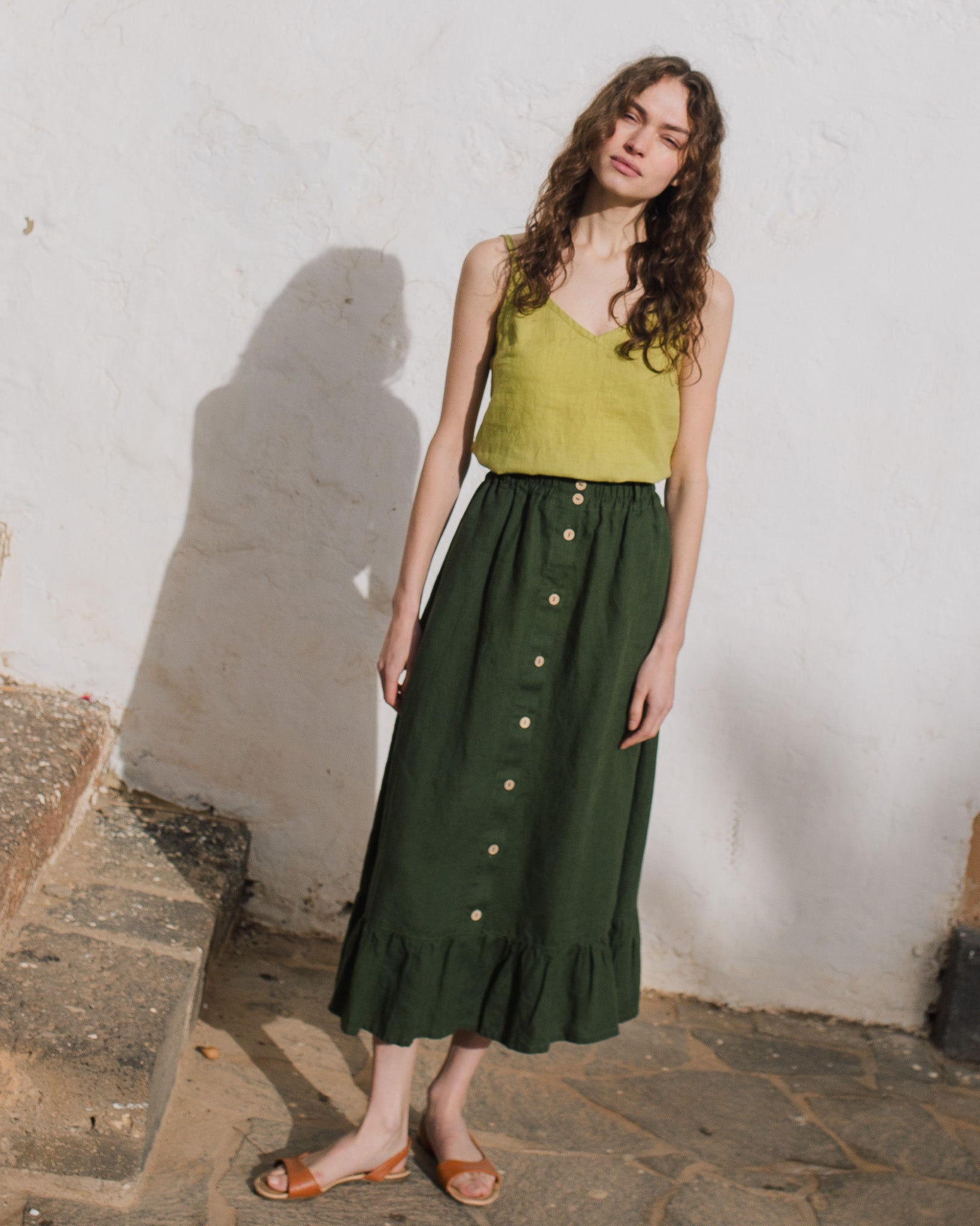 EUREKA ruffled hem buttoned linen skirt - notperfectlinen