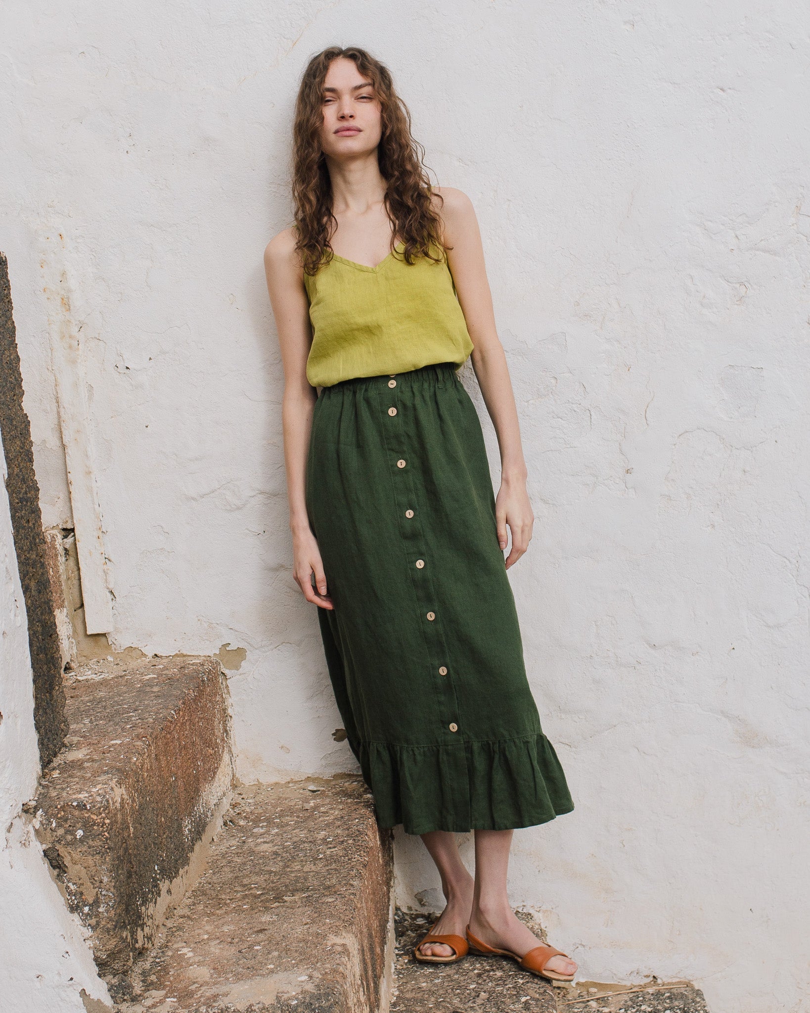 EUREKA ruffled hem buttoned linen skirt - notperfectlinen