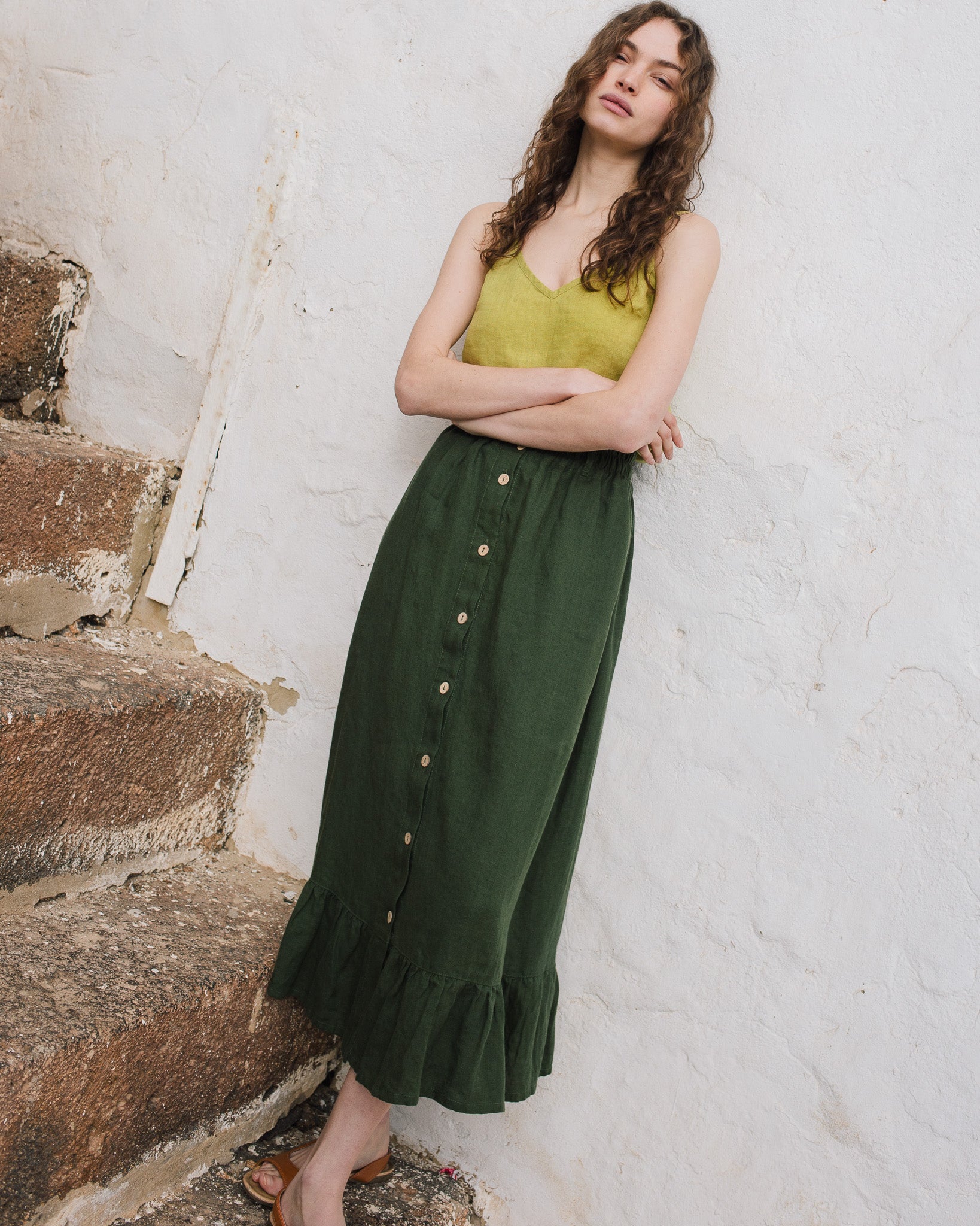 EUREKA ruffled hem buttoned linen skirt - notperfectlinen