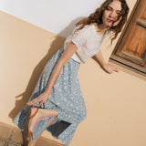 R: EUREKA ruffled hem buttoned linen skirt (Size: M; Color: Azure Blooms)