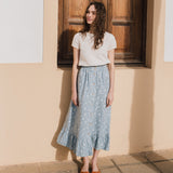 R: EUREKA ruffled hem buttoned linen skirt (Size: M; Color: Azure Blooms)