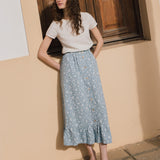 R: EUREKA ruffled hem buttoned linen skirt (Size: M; Color: Azure Blooms)