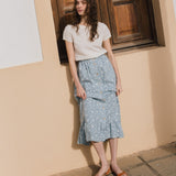 R: EUREKA ruffled hem buttoned linen skirt (Size: M; Color: Azure Blooms)