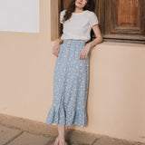 R: EUREKA ruffled hem buttoned linen skirt (Size: M; Color: Azure Blooms)