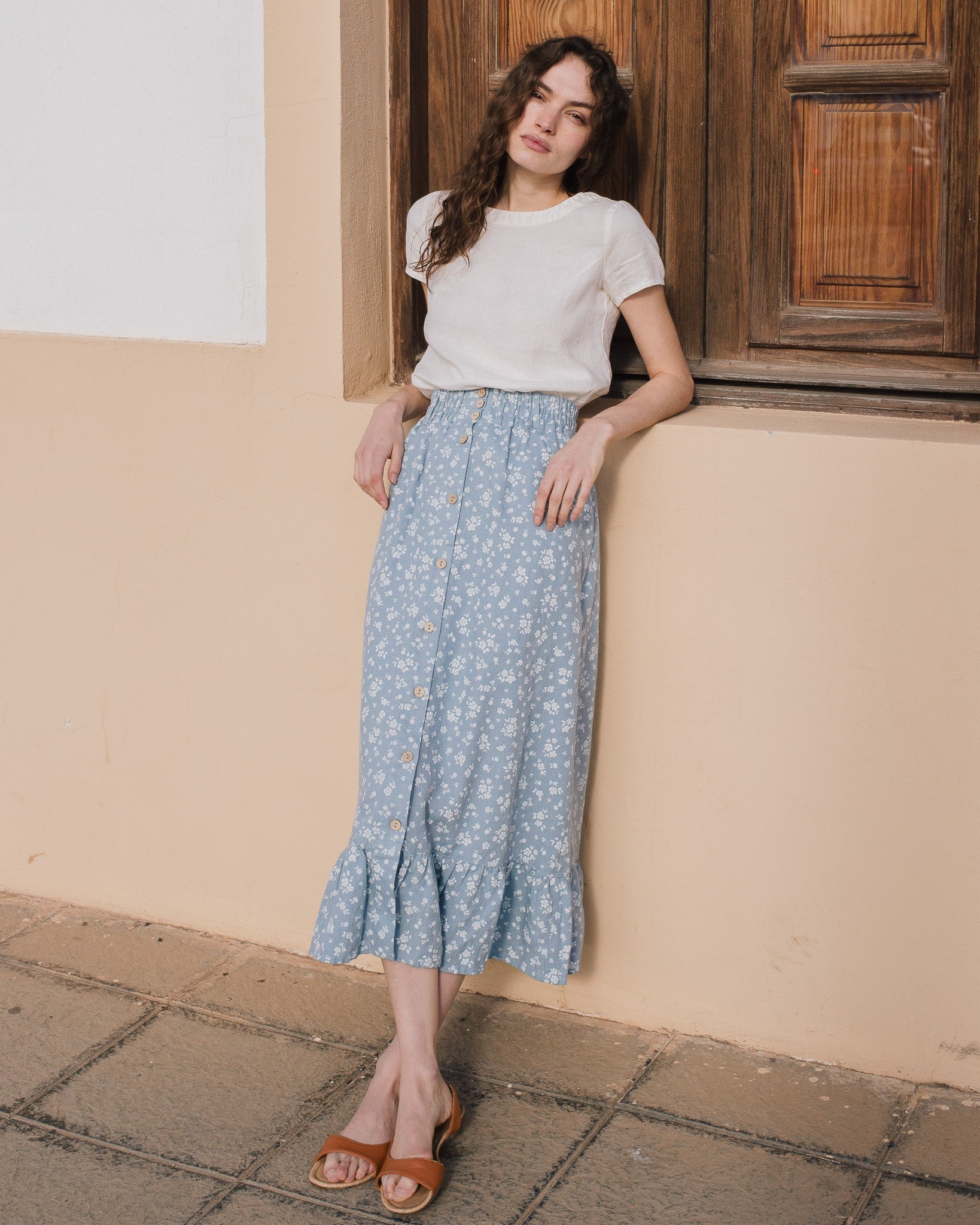 EUREKA ruffled hem buttoned linen skirt - notperfectlinen