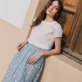 R: EUREKA ruffled hem buttoned linen skirt (Size: M; Color: Azure Blooms)