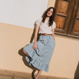R: EUREKA ruffled hem buttoned linen skirt (Size: M; Color: Azure Blooms)