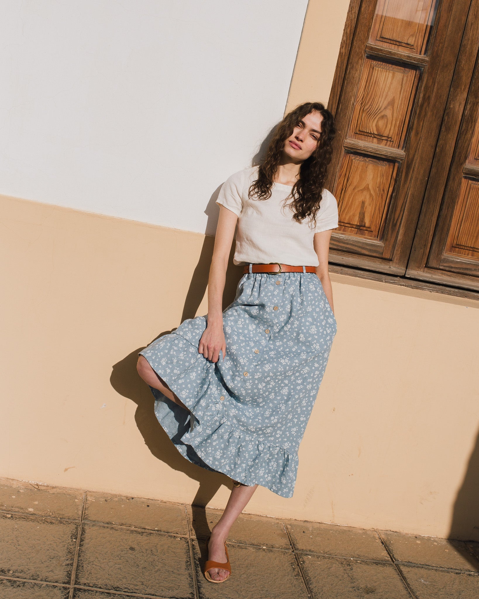 EUREKA ruffled hem buttoned linen skirt - notperfectlinen