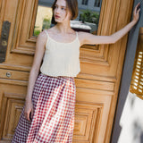 R: SION gathered linen skirt (Color: Raspberry Grid; Size: XL)