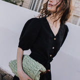R: ELLA knot front button linen shirt (Size: S; Color: Lime)