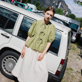 R: MELINA bow tie linen blouse (Color: White; Size: L)
